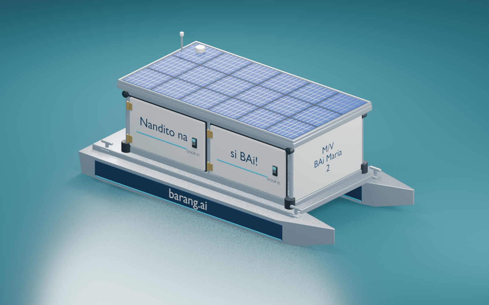 Blender render of the BAi Maria 2 solar-electric catamaran